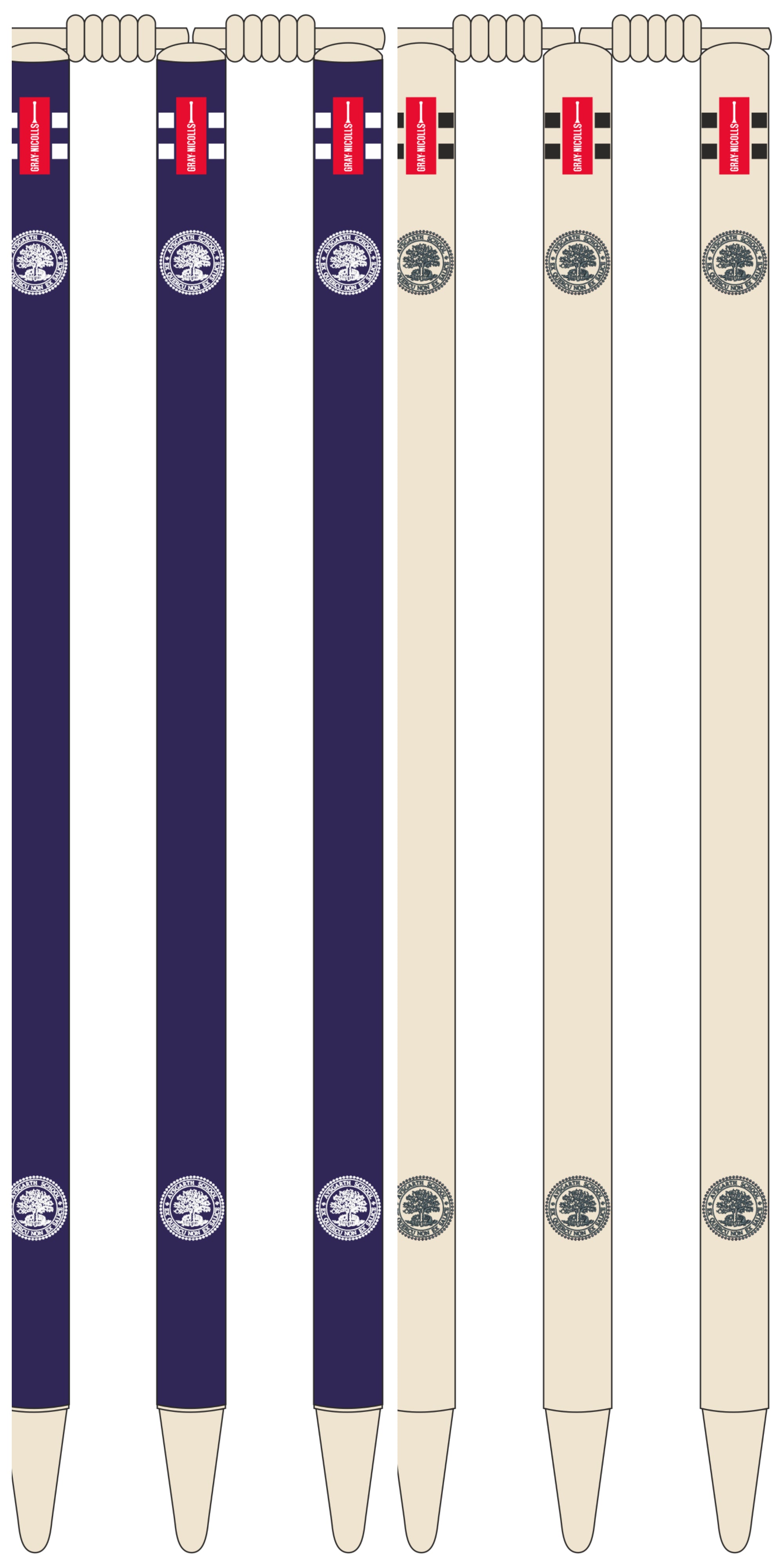 Six Custom Printed Club Cricket Stumps by Gray Nicolls—three dark blue, three cream—are shown with red sponsor logos at the top and circular emblems with text in the middle.