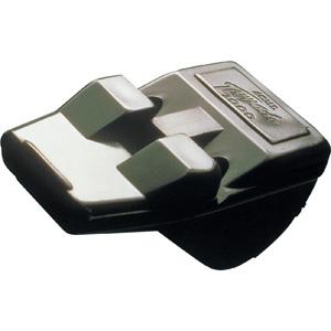 A close-up of the Acme Tornado 2000 Whistle by Precision Training, featuring a compact black and silver design with two rectangular sections and a sloped surface, similar in shape to an electronic foot controller or stadium whistle.