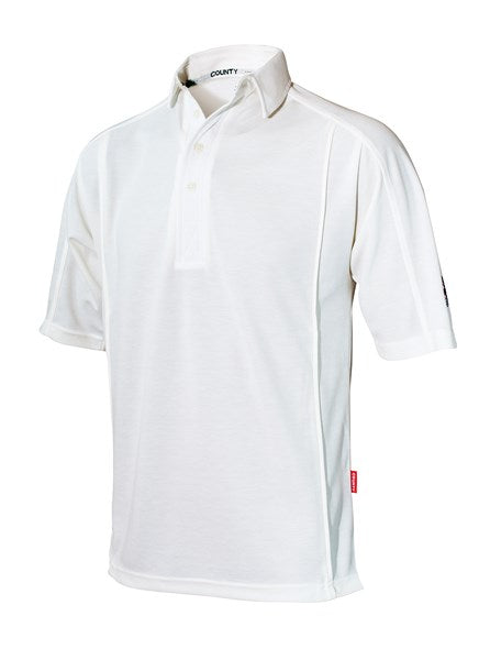 The Hunts County Active Cricket Shirt, in ivory with 3/4 sleeves and an activ fit, features a collar and button placket, perfect for cricket. Displayed on a white background.