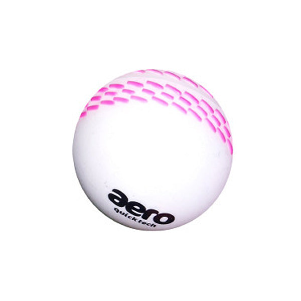 The Aero Quick Tech Cricket Ball by Aero is a white coaching windball with pink stitches and "aero" printed in black—ideal for junior cricket practice.