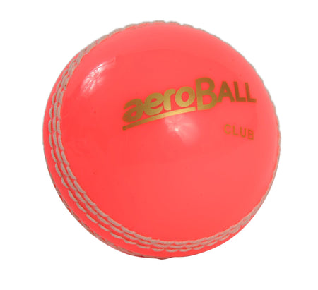 The Aero Incrediball Club Cricket Ball by Aero is a bright pink cricket ball with white stitching and "Incrediball Club Cricket Ball" printed in gold on its surface.