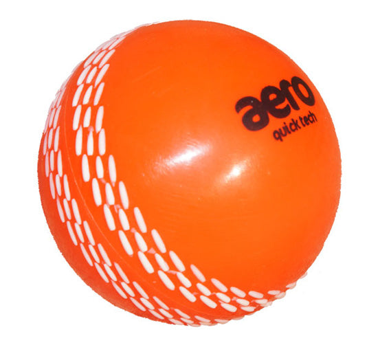 The Aero Quick Tech Cricket Ball by Aero, in bright orange with white textured seams and “aero quick tech” printed in black, is ideal as a coaching ball for junior cricket sessions.