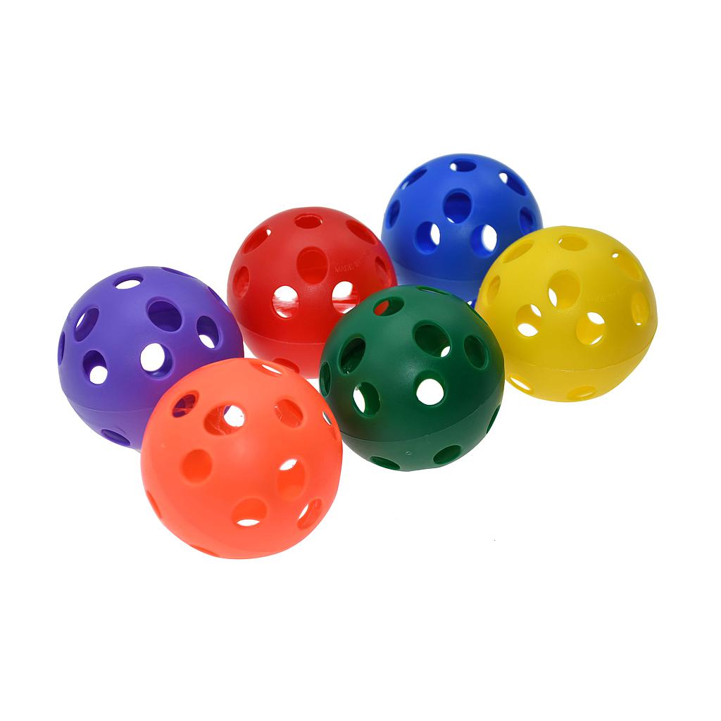 The Reydon Sports Airflow Ball (Pack of 6) includes red, blue, yellow, green, orange, and purple lightweight balls with holes—perfect indoor hockey balls for fun games and skill practice.