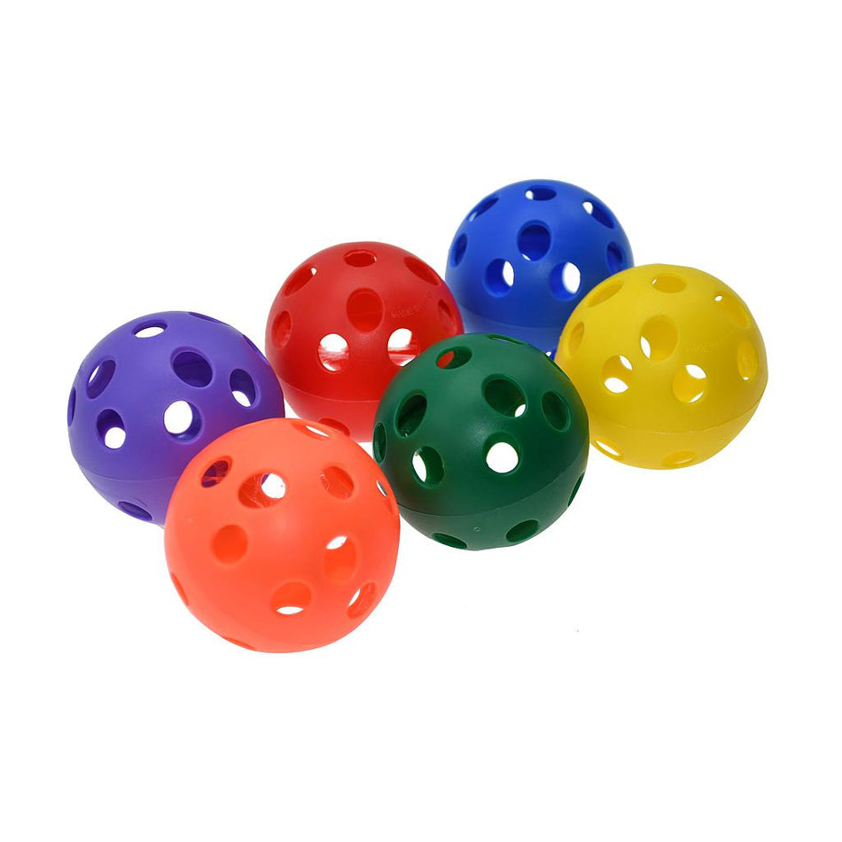The Reydon Sports Airflow Ball (Pack of 6) includes red, blue, yellow, green, orange, and purple lightweight balls with holes—perfect indoor hockey balls for fun games and skill practice.