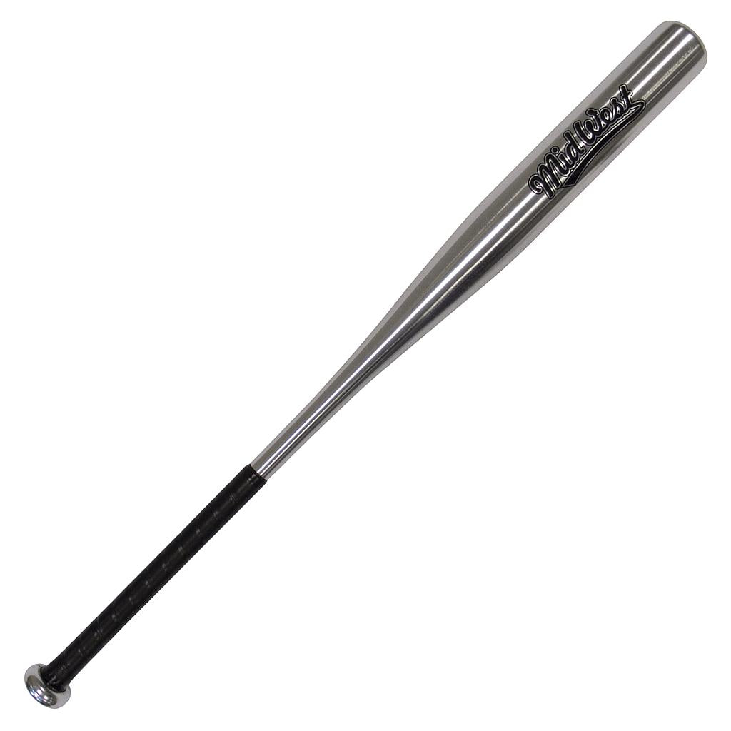 A metallic silver Midwest Alloy Baseball Bat by Midwest features a black grip handle and "Metal Bat" printed in black near the barrel.
