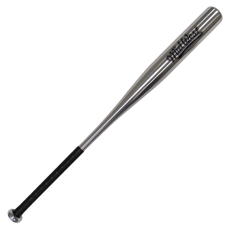 A metallic silver Midwest Alloy Baseball Bat by Midwest features a black grip handle and "Metal Bat" printed in black near the barrel.