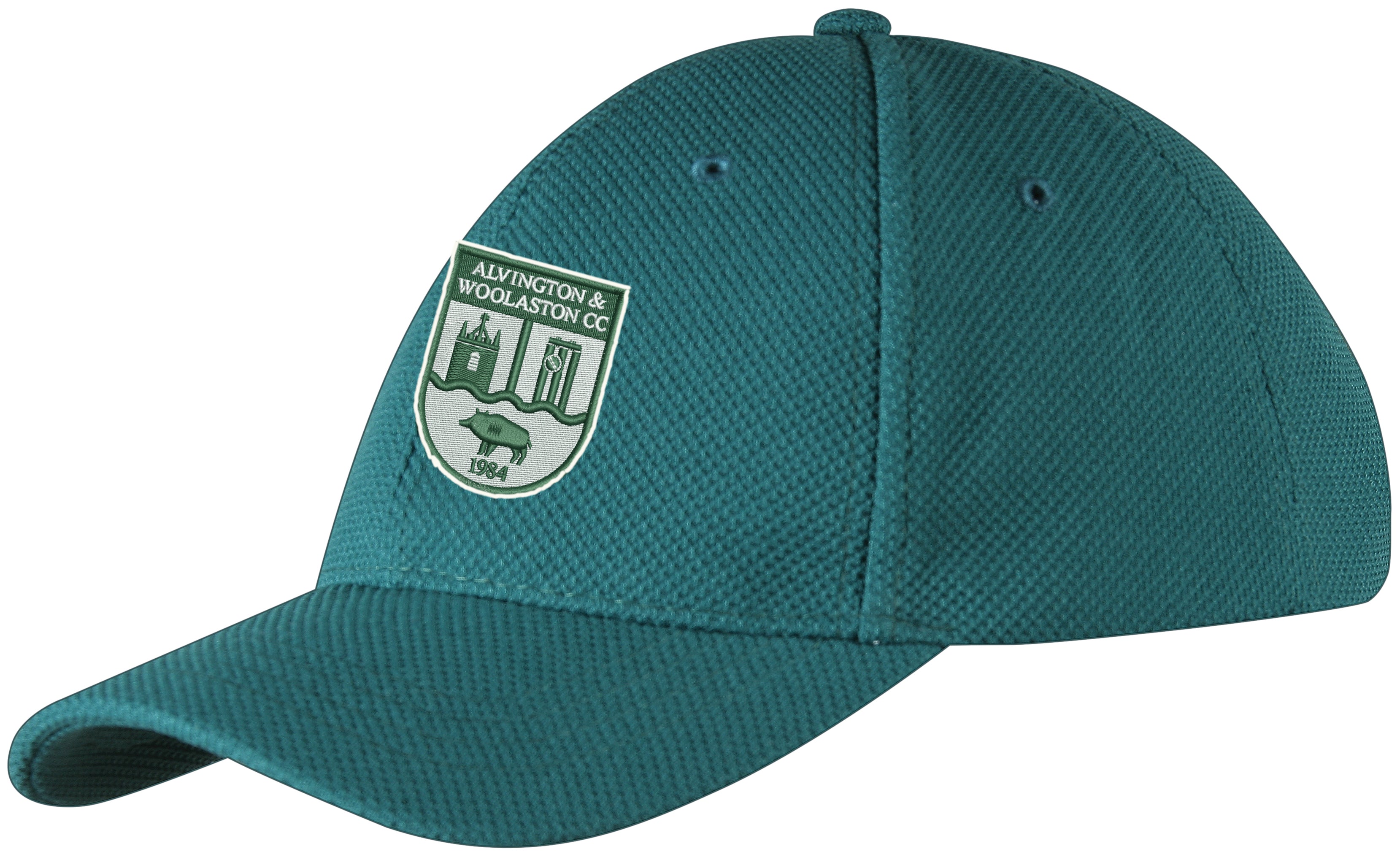 The Alvington & Woolaston CC GN County Cap by Gray Nicolls is teal with a green and white embroidered club badge featuring an illustration, "ALVINGTON & WOOLASTON CC," and the year 1984.