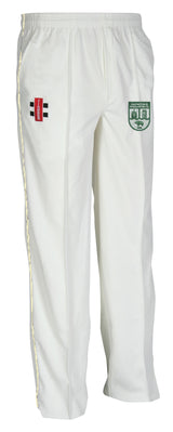The Alvington & Woolaston CC Matrix V2 Cricket Trouser by Gray Nicolls features an elastic waistband, moisture-wicking fabric, tapered fit, and two embroidered badges: red/black on the right thigh and green/white on the left thigh.