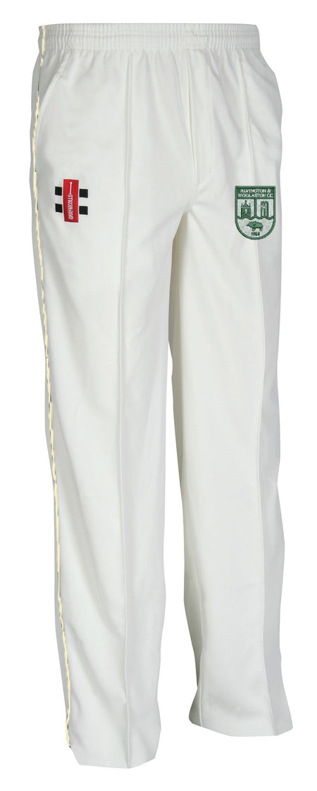 The Alvington & Woolaston CC Matrix V2 Cricket Trouser by Gray Nicolls features an elastic waistband, moisture-wicking fabric, tapered fit, and two embroidered badges: red/black on the right thigh and green/white on the left thigh.