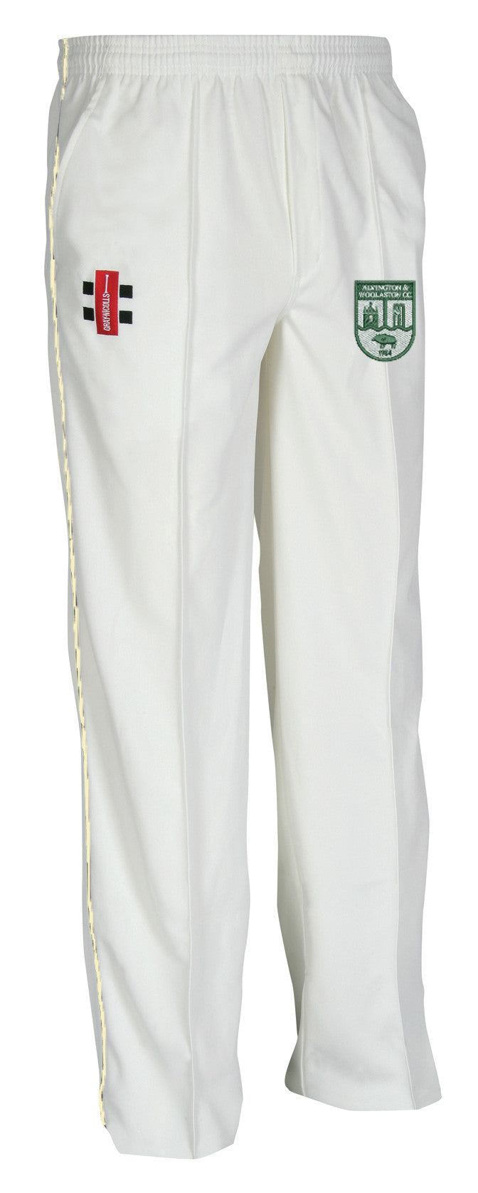 The Gray Nicolls Alvington & Woolaston CC Junior Matrix V2 Cricket Trouser features an elastic waistband, moisture control fabric, a red and black logo on the right thigh, and a green badge with text and emblem on the left.
