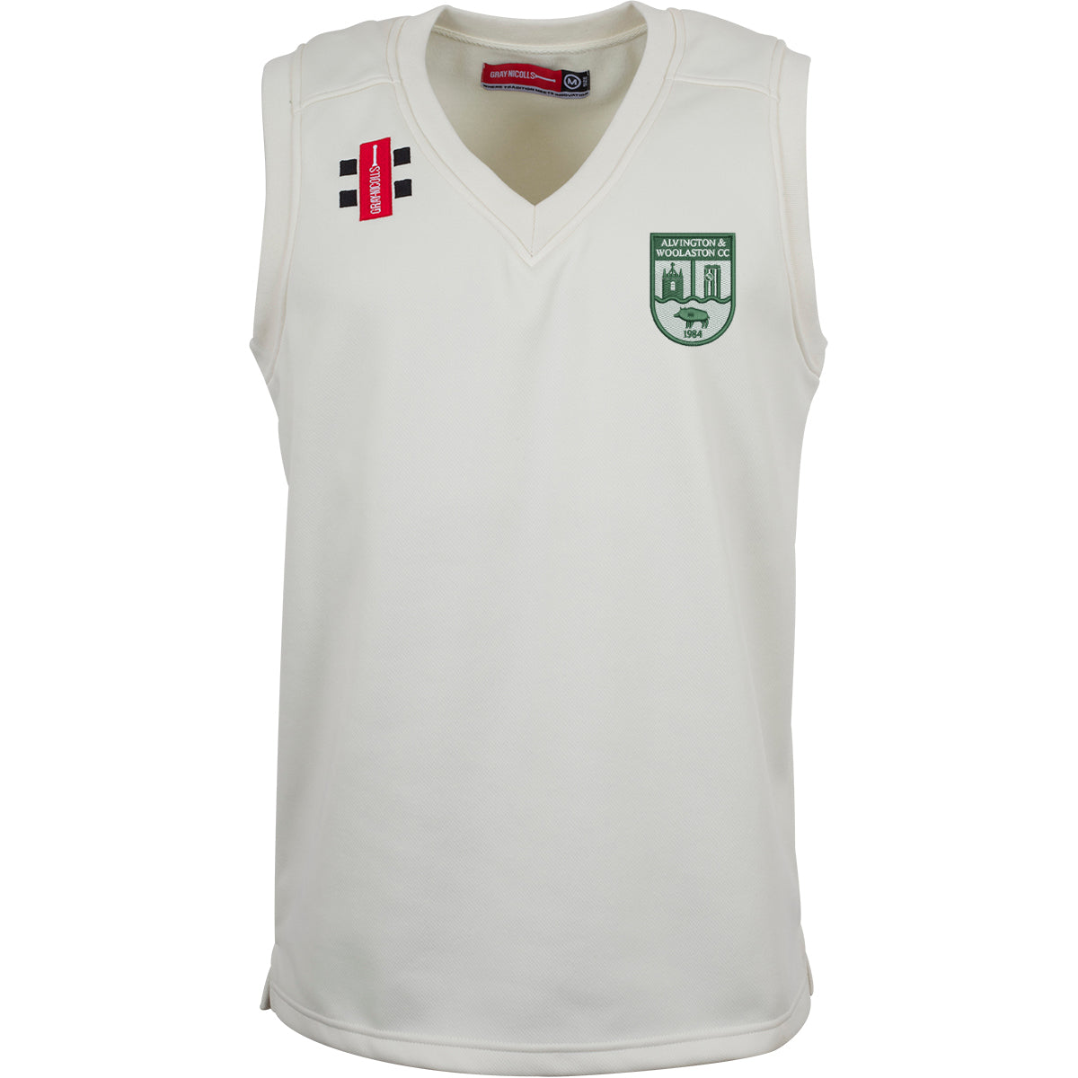 The Gray Nicolls Alvington & Woolaston CC Pro Performance Slipover is a sleeveless white V-neck jumper with a green club logo on the left chest and a red/black logo on the right shoulder—ideal for performance cricket.