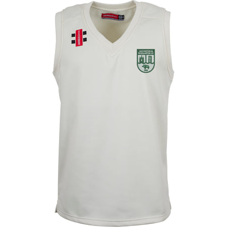 The Gray Nicolls Alvington & Woolaston CC Pro Performance Slipover is a sleeveless white V-neck jumper with a green club logo on the left chest and a red/black logo on the right shoulder—ideal for performance cricket.