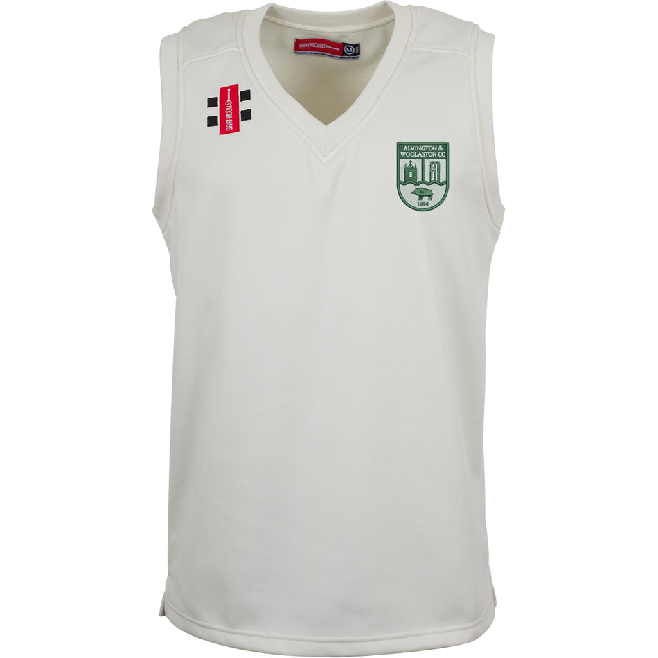 The Gray Nicolls Alvington & Woolaston CC Pro Performance Slipover is a sleeveless white V-neck jumper with a green club logo on the left chest and a red/black logo on the right shoulder—ideal for performance cricket.