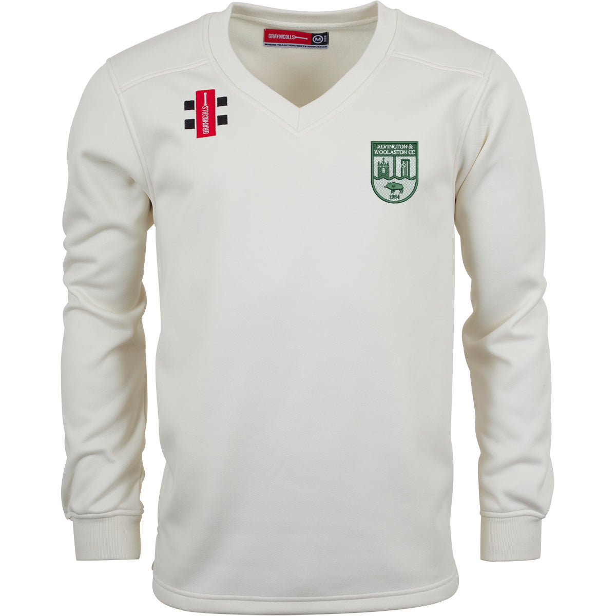 The Alvington & Woolaston CC Pro Performance Sweater by Gray Nicolls is a long-sleeved, white V-neck sweater inspired by classic cricket styles, with green club crest on the left chest and black and red sponsor logos on the right chest and shoulder.