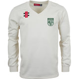 The Alvington & Woolaston CC Pro Performance Sweater by Gray Nicolls is a long-sleeved, white V-neck sweater inspired by classic cricket styles, with green club crest on the left chest and black and red sponsor logos on the right chest and shoulder.