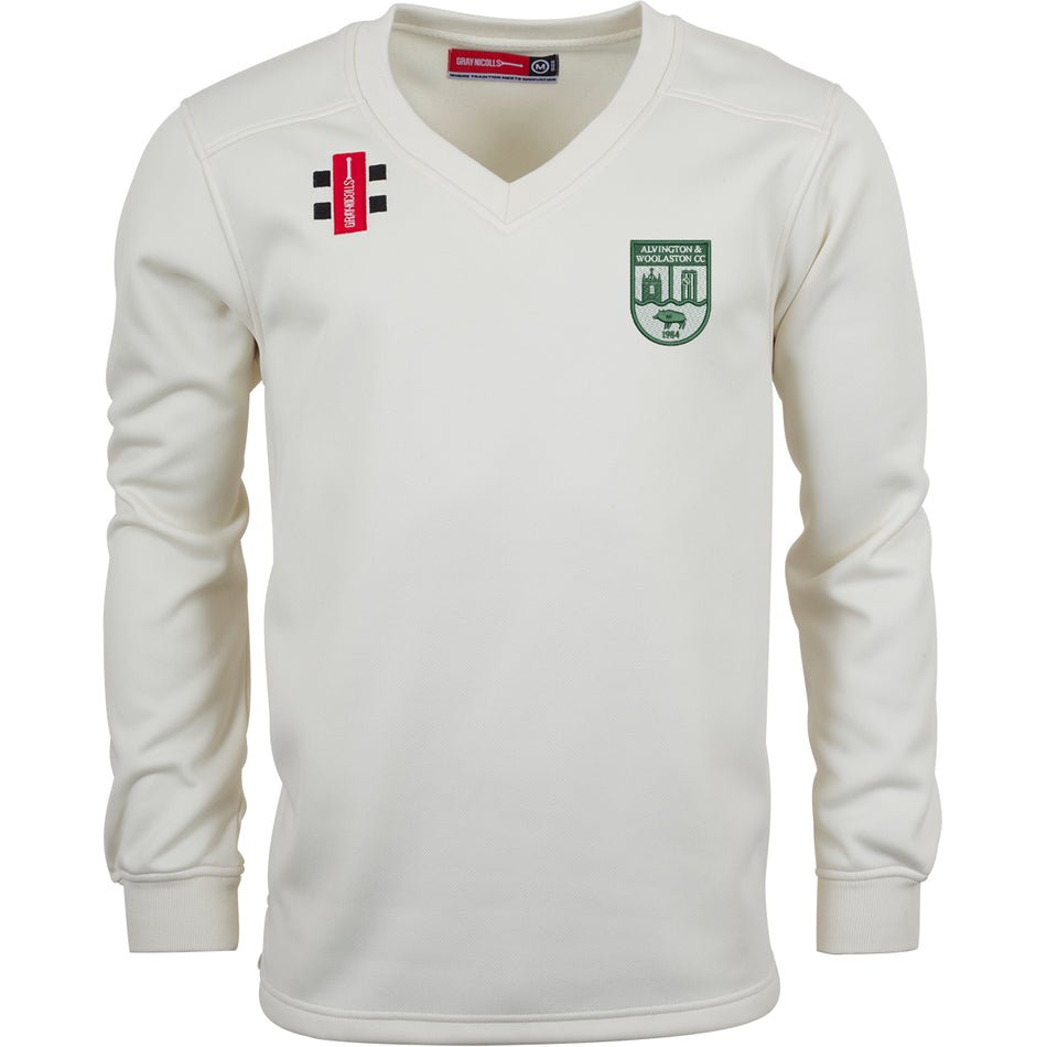 The Alvington & Woolaston CC Pro Performance Sweater by Gray Nicolls is a long-sleeved, white V-neck sweater inspired by classic cricket styles, with green club crest on the left chest and black and red sponsor logos on the right chest and shoulder.