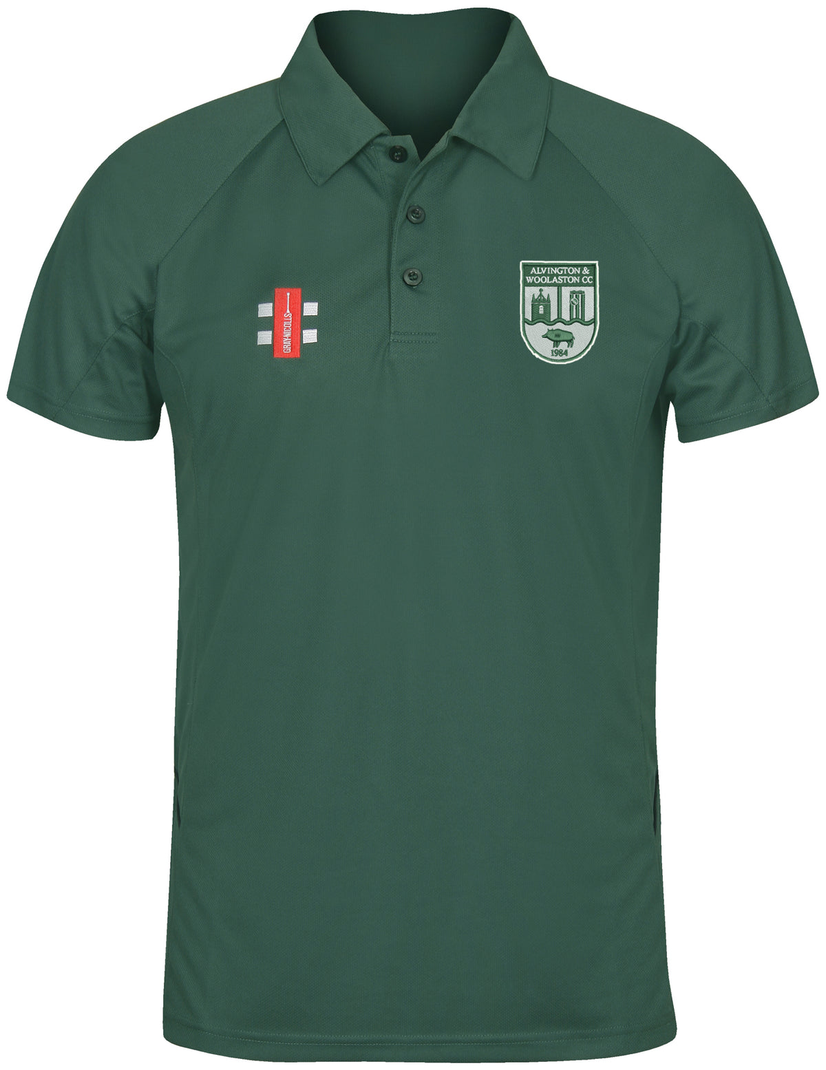 The Alvington & Woolaston CC Matrix V2 Polo Shirt by Gray Nicolls is a dark green, short-sleeved collared training shirt with moisture-wicking fabric, a badge on the left chest, and a small red logo with white accents on the right chest.