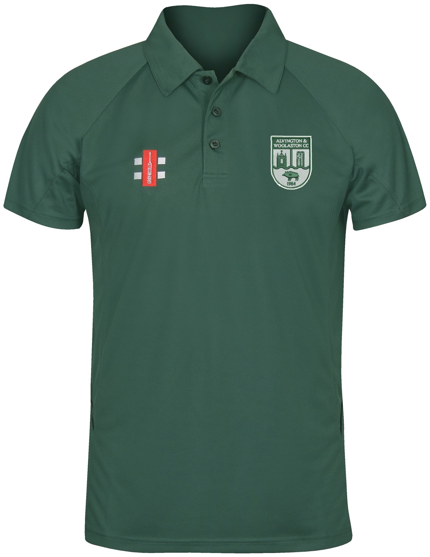 The Alvington & Woolaston CC Matrix V2 Polo Shirt by Gray Nicolls is a dark green, short-sleeved collared training shirt with moisture-wicking fabric, a badge on the left chest, and a small red logo with white accents on the right chest.