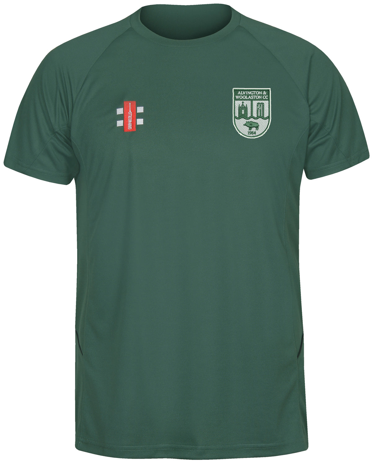 The Green Alvington & Woolaston CC Matrix V2 T-Shirt by Gray Nicolls is ideal for training, featuring a white and green crest on the left chest, a red logo with white text on the right chest, and excellent moisture management.