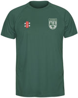 The Green Alvington & Woolaston CC Matrix V2 T-Shirt by Gray Nicolls is ideal for training, featuring a white and green crest on the left chest, a red logo with white text on the right chest, and excellent moisture management.