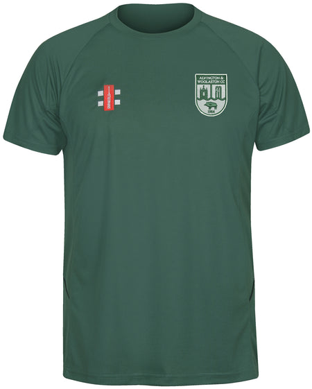 The Green Alvington & Woolaston CC Matrix V2 T-Shirt by Gray Nicolls is ideal for training, featuring a white and green crest on the left chest, a red logo with white text on the right chest, and excellent moisture management.