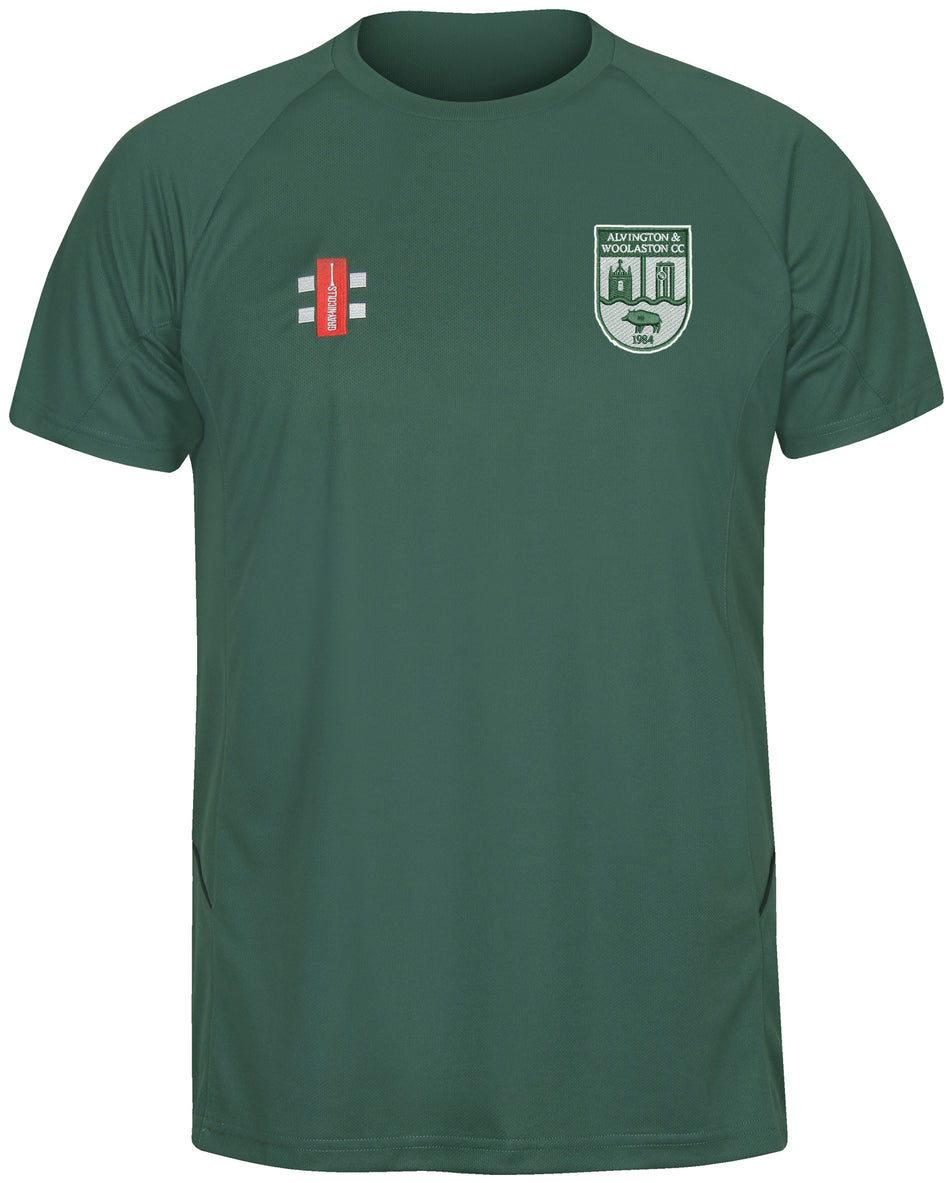 The Green Alvington & Woolaston CC Matrix V2 T-Shirt by Gray Nicolls is ideal for training, featuring a white and green crest on the left chest, a red logo with white text on the right chest, and excellent moisture management.