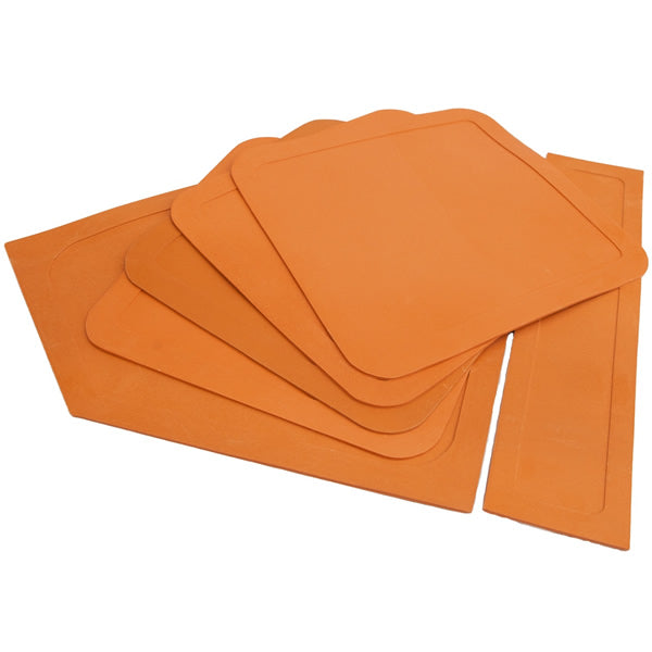 Five Aresson Rounders Base Mats in orange flexible silicone, various rectangular and square sizes, are stacked and fanned out with two narrow strips on the right, all set on a white background. Brand: Aresson.