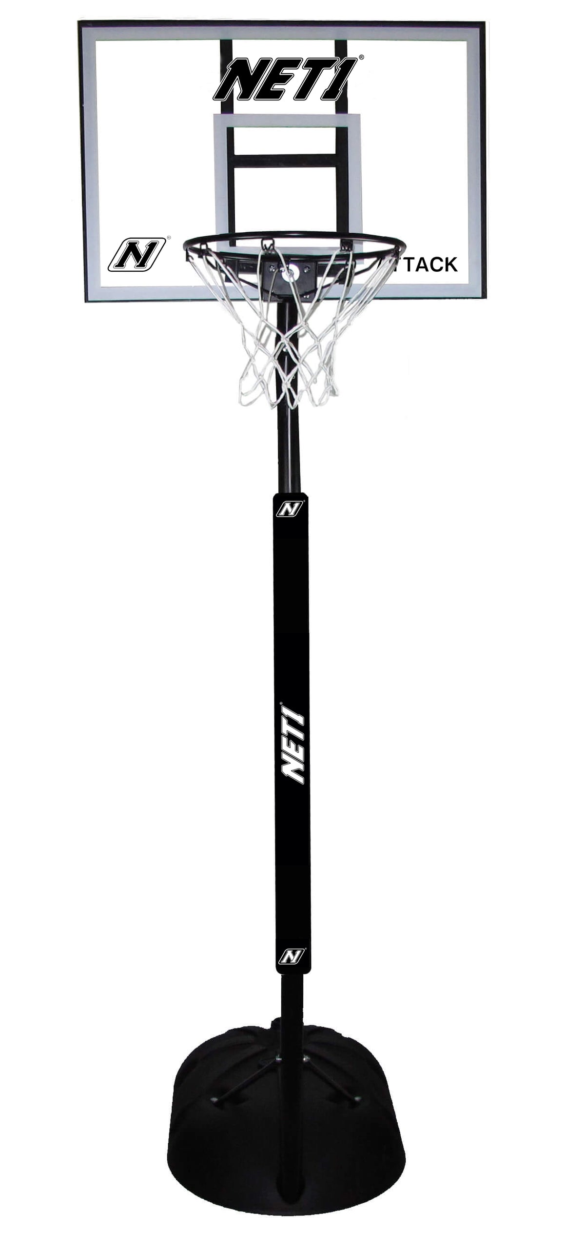 The Net1 Attack Youth Portable Basketball System features a transparent backboard, white net, black pole, and weighted base. The adjustable hoop is great for all ages, with the Net1 brand name shown on both the pole and backboard.