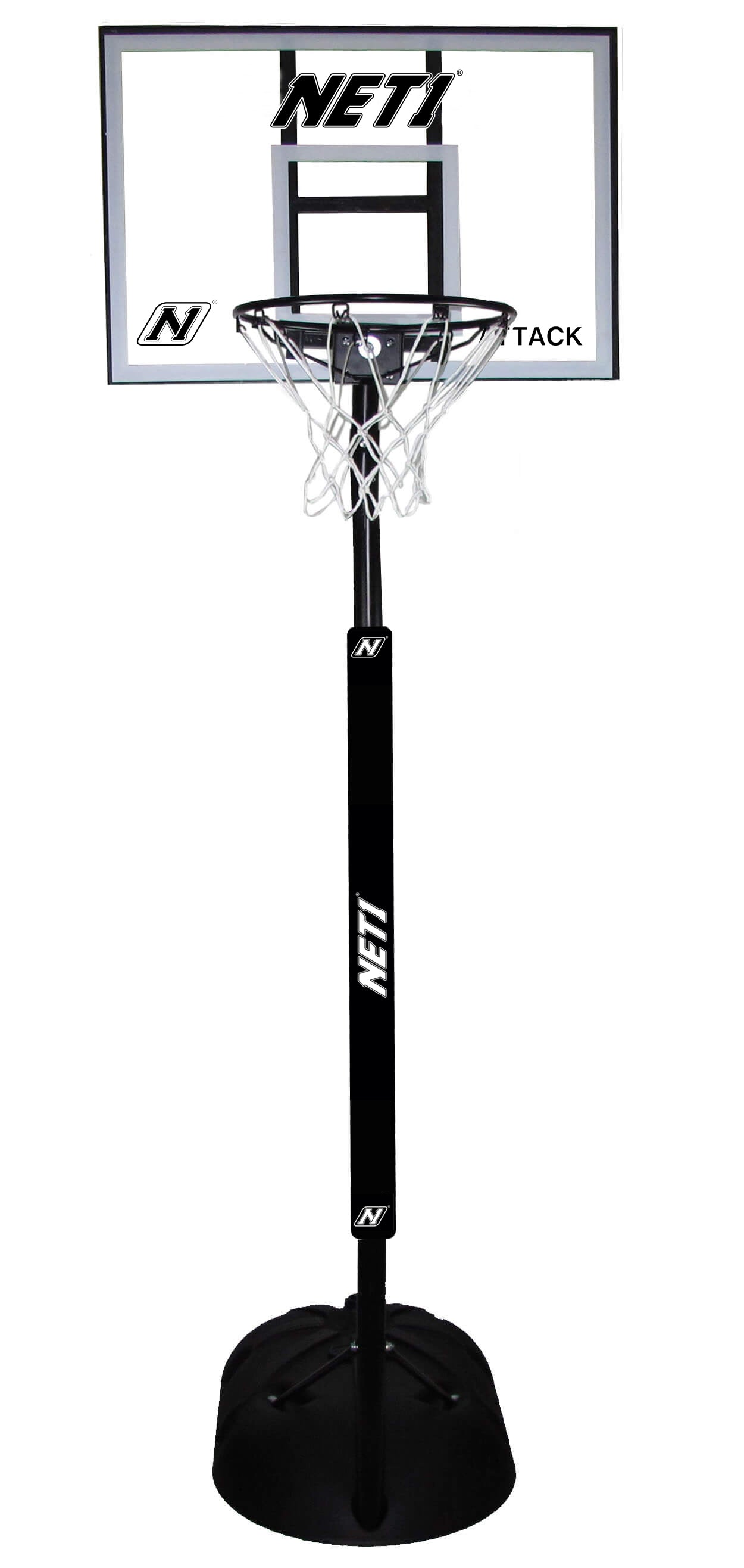 The Net1 Attack Youth Portable Basketball System features a transparent backboard, white net, black pole, and weighted base. The adjustable hoop is great for all ages, with the Net1 brand name shown on both the pole and backboard.