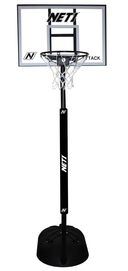 The Net1 Attack Youth Portable Basketball System features a transparent backboard, white net, black pole, and weighted base. The adjustable hoop is great for all ages, with the Net1 brand name shown on both the pole and backboard.