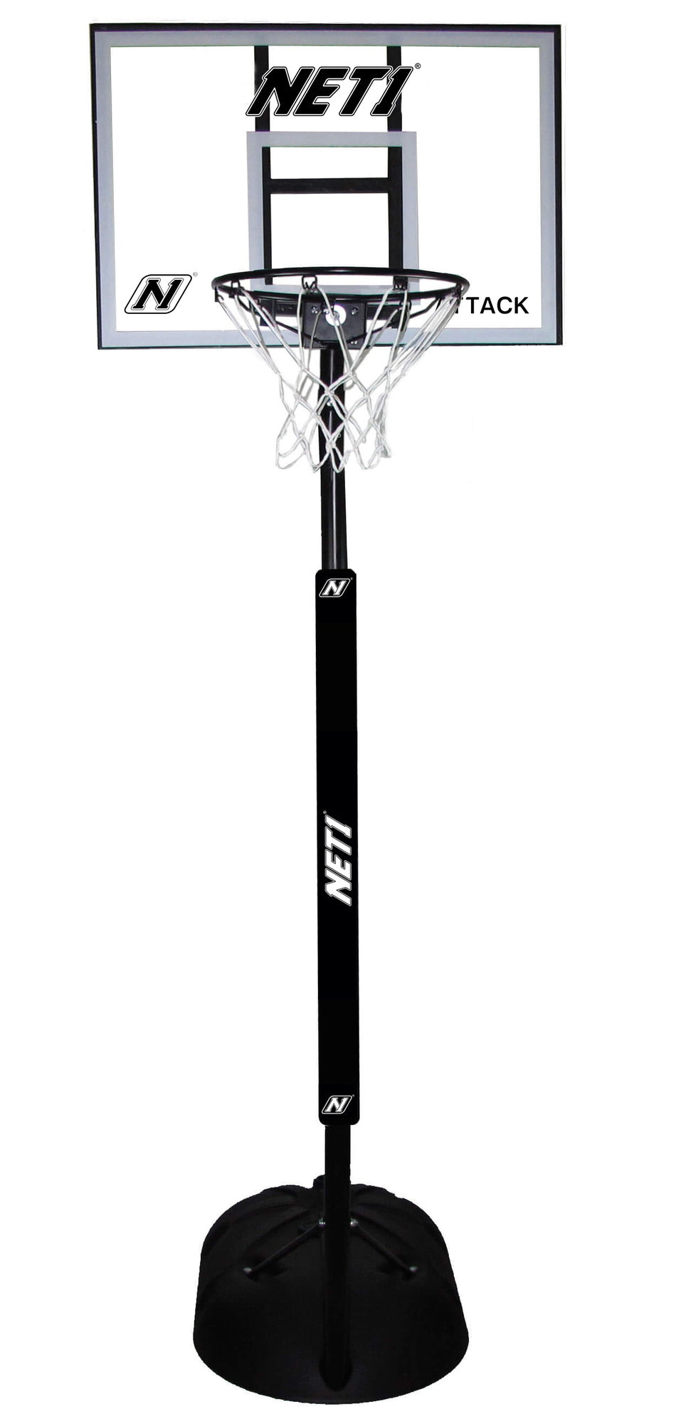 The Net1 Attack Youth Portable Basketball System features a transparent backboard, white net, black pole, and weighted base. The adjustable hoop is great for all ages, with the Net1 brand name shown on both the pole and backboard.