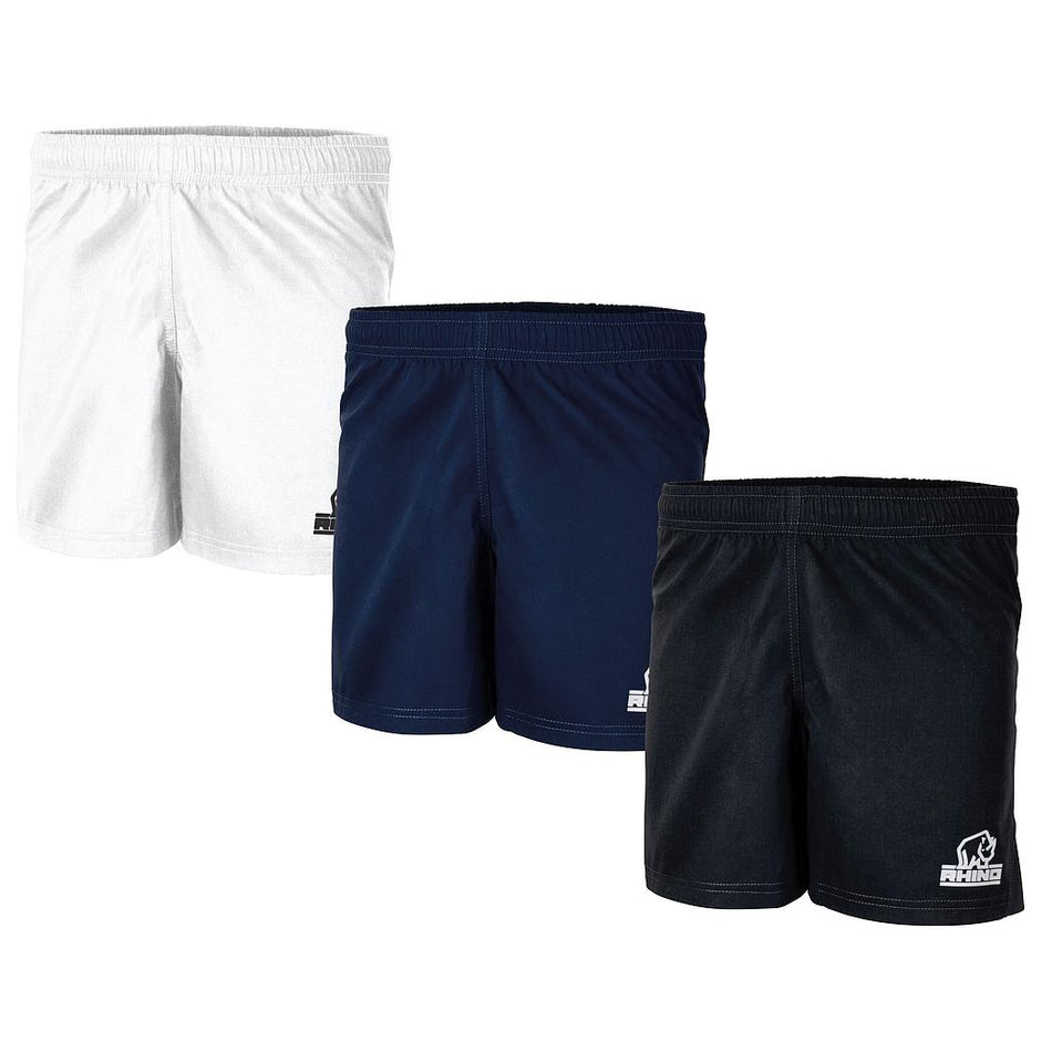 The Rhino Auckland Rugby Shorts - Junior by Rhino are shown in black, featuring an elasticated waistband, durable polyester twill fabric, and the Rhino logo on the lower left leg.
