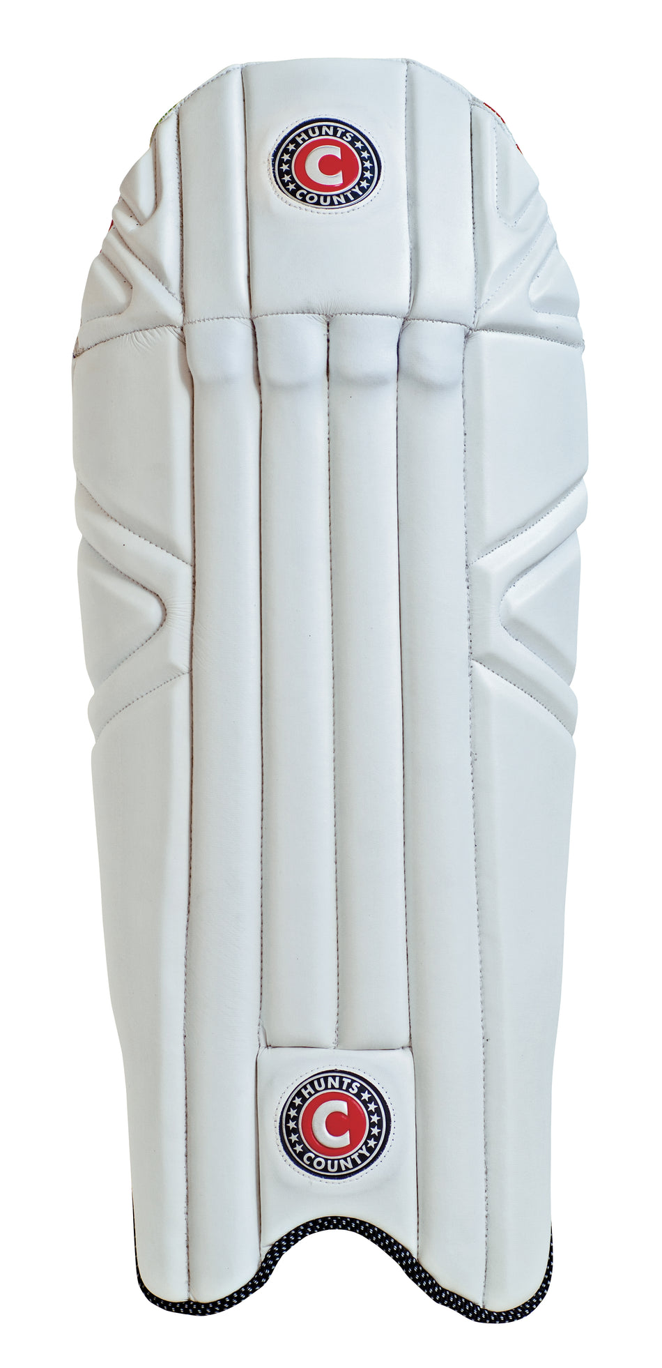 The Hunts County Aura Wicket Keeping Pads are white, lightweight pads with vertical padding, two red 'C' logos, "COUNTY COURT" text at top and bottom, and made from high-density foam by Hunts County for protection and comfort.