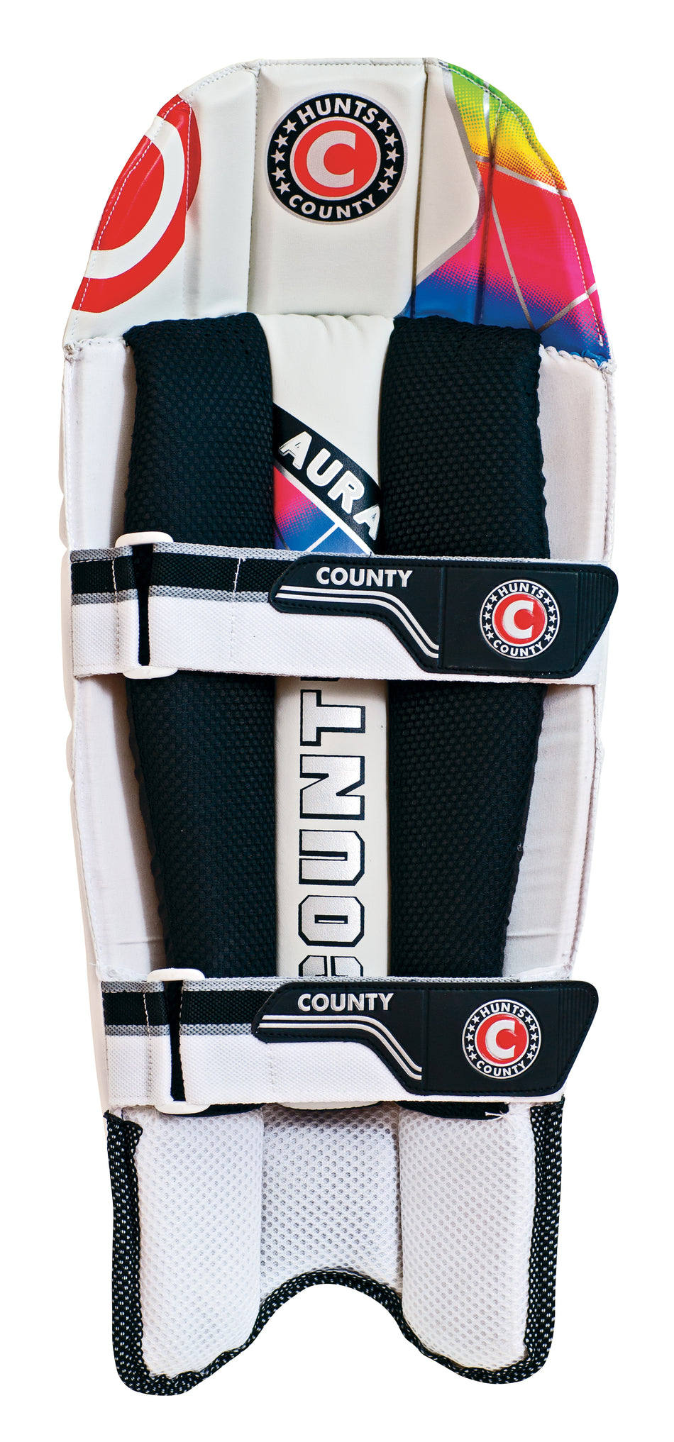 A close-up of Hunts County Aura Wicket Keeping Pads shows white padding, colorful accents, two black straps, the Hunts County brand name, and circular logos for these lightweight, high density foam cricket pads.