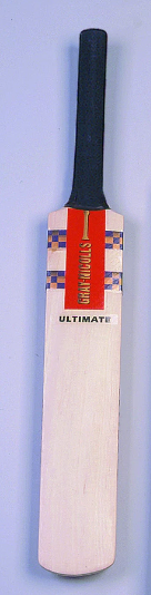 The Gray Nicolls Autograph Bat SH by Gray Nicolls features a wooden blade, black handle, and red, gold, and blue detailing with "ULTIMATE" on the front—perfect as a cricket autograph bat.