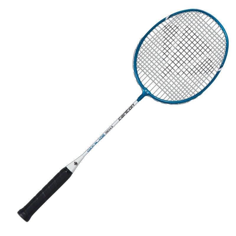 The Carlton Maxi-Blade ISO 4.3 Badminton Racket features a blue and silver aluminum frame, black grip handle, and mesh string head, shown isolated on a white background.