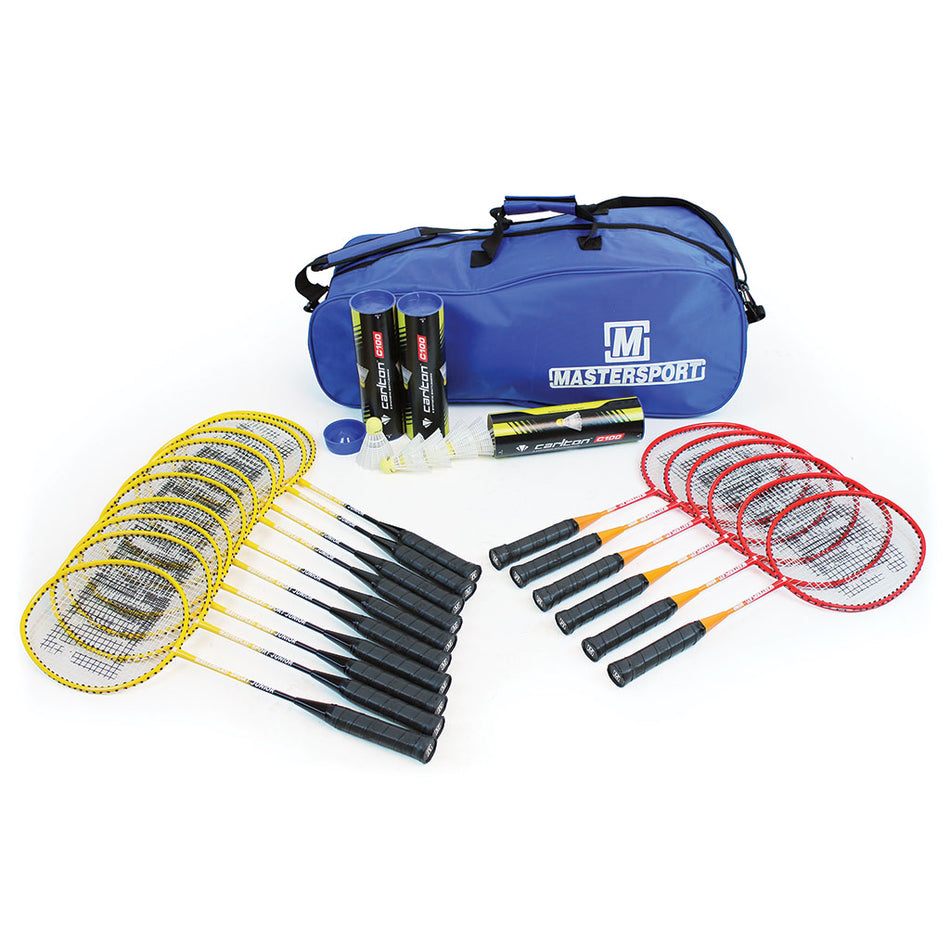 The Mastersport Badminton Starter Set includes a blue sports bag, 12 junior rackets (6 red, 6 yellow), shuttlecock tubes, loose shuttlecocks, and a blue court marker—all arranged on a white background.