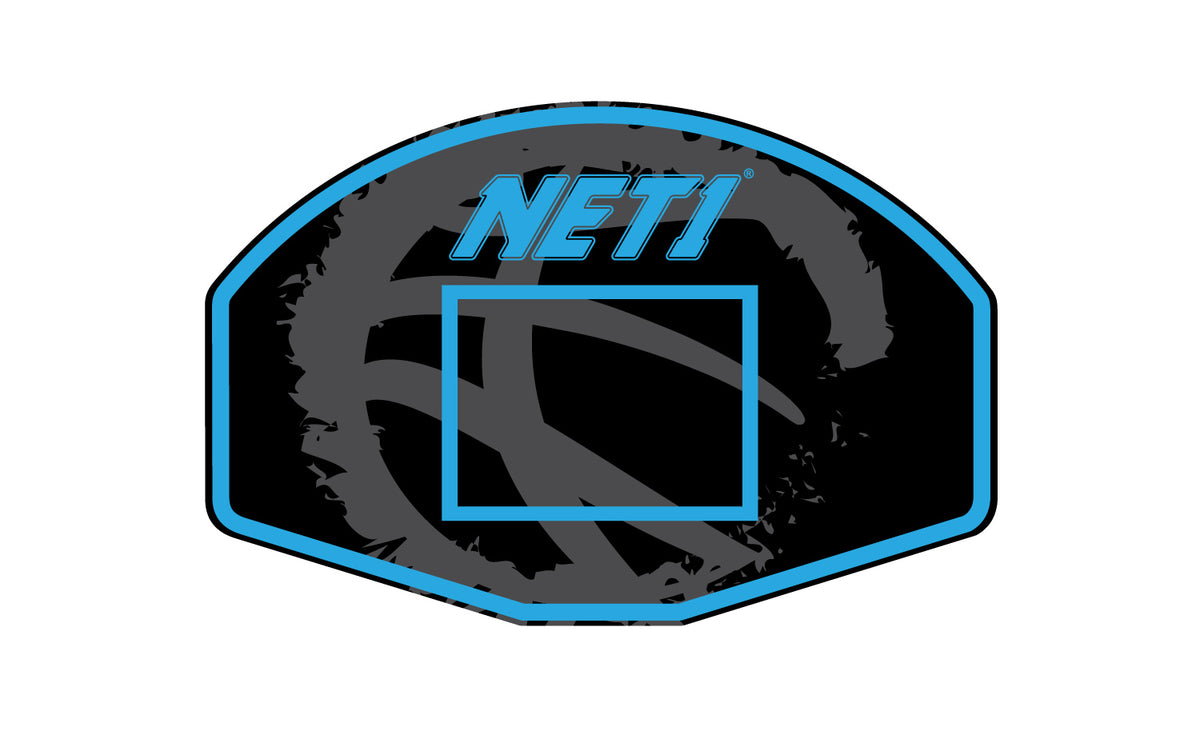 The Net1 Vertical Backboard and Goal (Wall-Mounted) features a black and blue design with a gray basketball graphic, NET1 in blue at the top, and a durable solid steel goal.