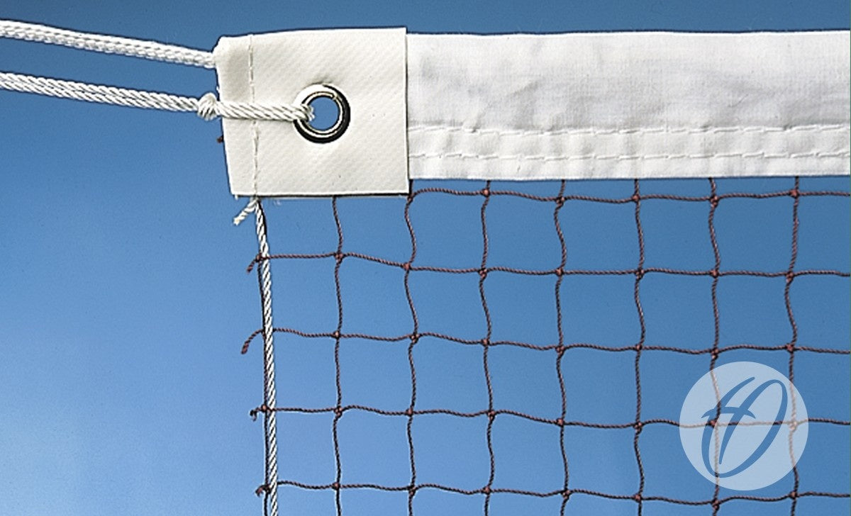 Close-up of the top corner of a Harrod Sport No.1 Badminton Club Net - 6.7M against a blue sky, highlighting the white tape with metal grommet and attached cords—features similar to those found on nets used for club-level table tennis.