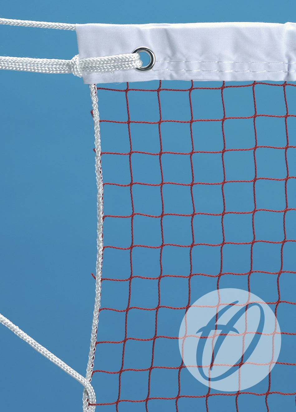 Close-up of the Harrod Sport No.3 Competition Badminton Net, featuring red heavy nylon regulation mesh with white trim and rope, set against a blue background. A white circle with a blue stylized letter appears at the bottom right corner.