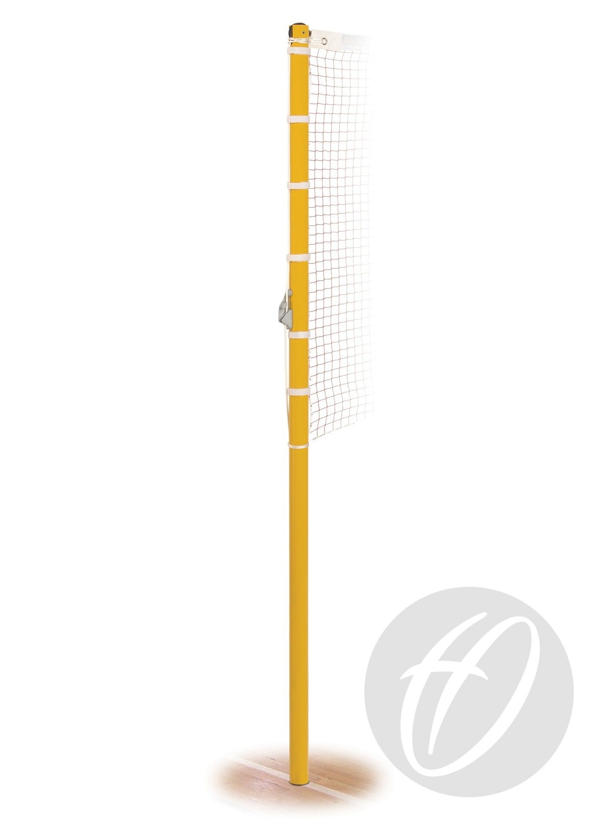 The Harrod Sport Socketed Competition Badminton Posts are shown upright with a white net attached on a plain background, meeting competition net height and conforming to BS EN 1509 Safety Standards.
