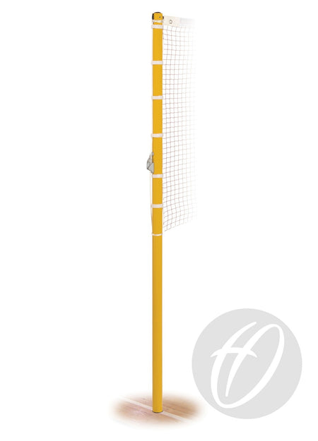 The Harrod Sport Socketed Competition Badminton Posts are shown upright with a white net attached on a plain background, meeting competition net height and conforming to BS EN 1509 Safety Standards.