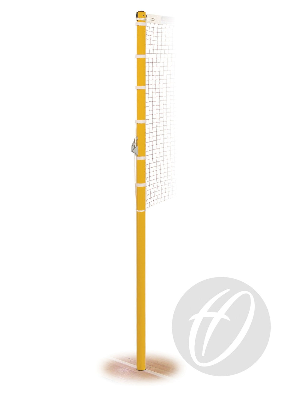 The Harrod Sport Socketed Competition Badminton Posts are shown upright with a white net attached on a plain background, meeting competition net height and conforming to BS EN 1509 Safety Standards.
