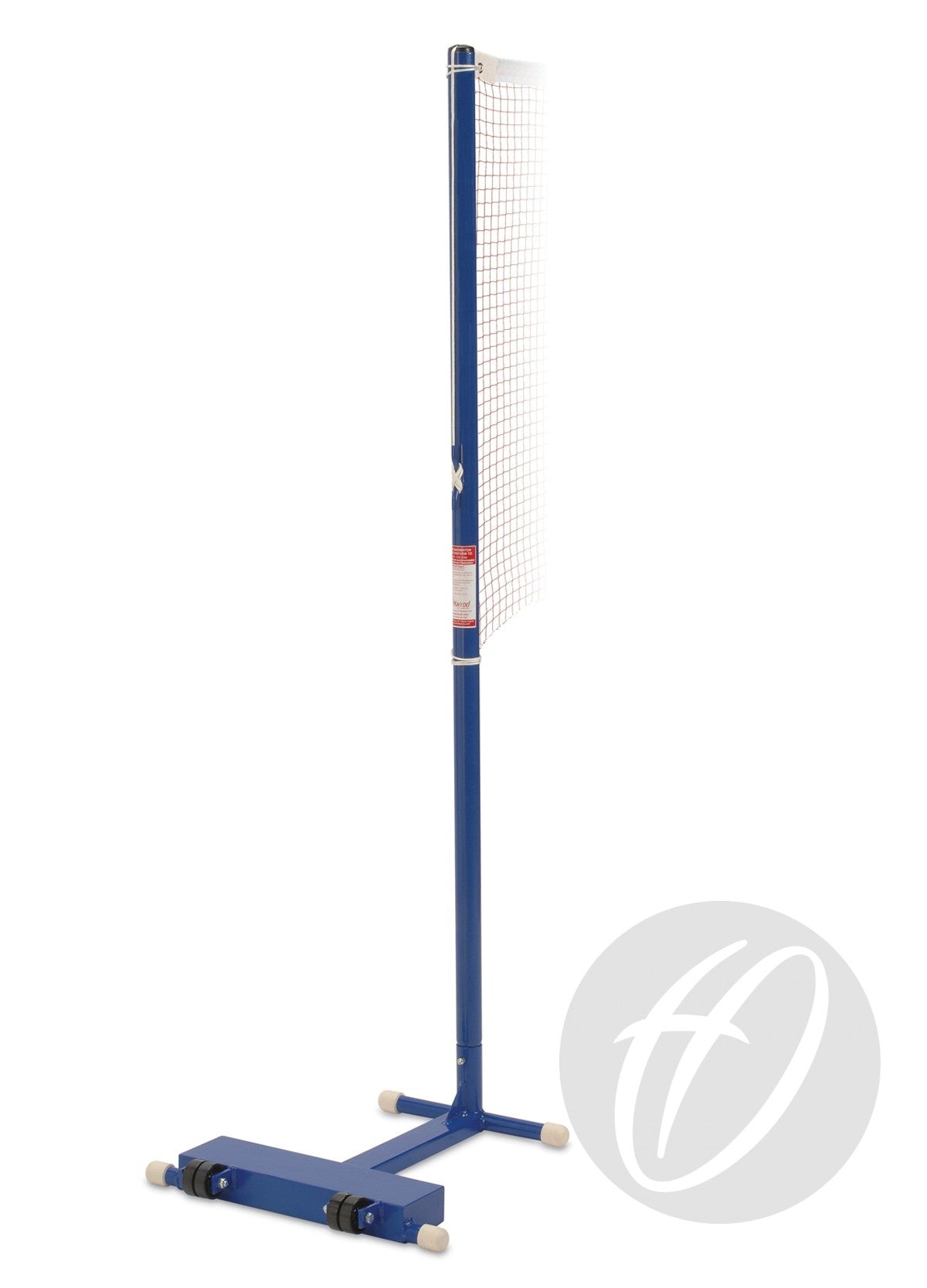 The Harrod Sport Club Wheelaway Training Posts are blue freestanding badminton net posts with a white mesh net and wheeled metal base, ideal for club use, shown against a white background.