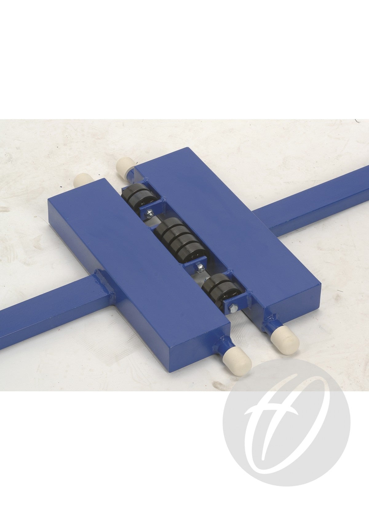 The Harrod Sport Club Wheelaway Training Posts are blue metal parts with two rectangular sections, four central black rollers, and white end caps—resembling badminton posts—ideal for club use and displayed on a light surface.