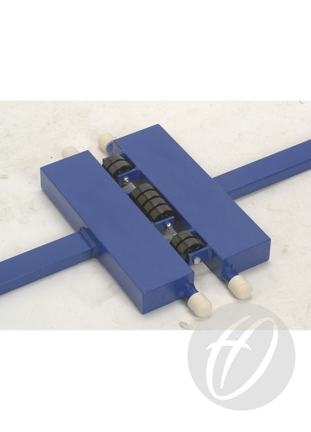 The Harrod Sport Club Wheelaway Training Posts are blue metal parts with two rectangular sections, four central black rollers, and white end caps—resembling badminton posts—ideal for club use and displayed on a light surface.