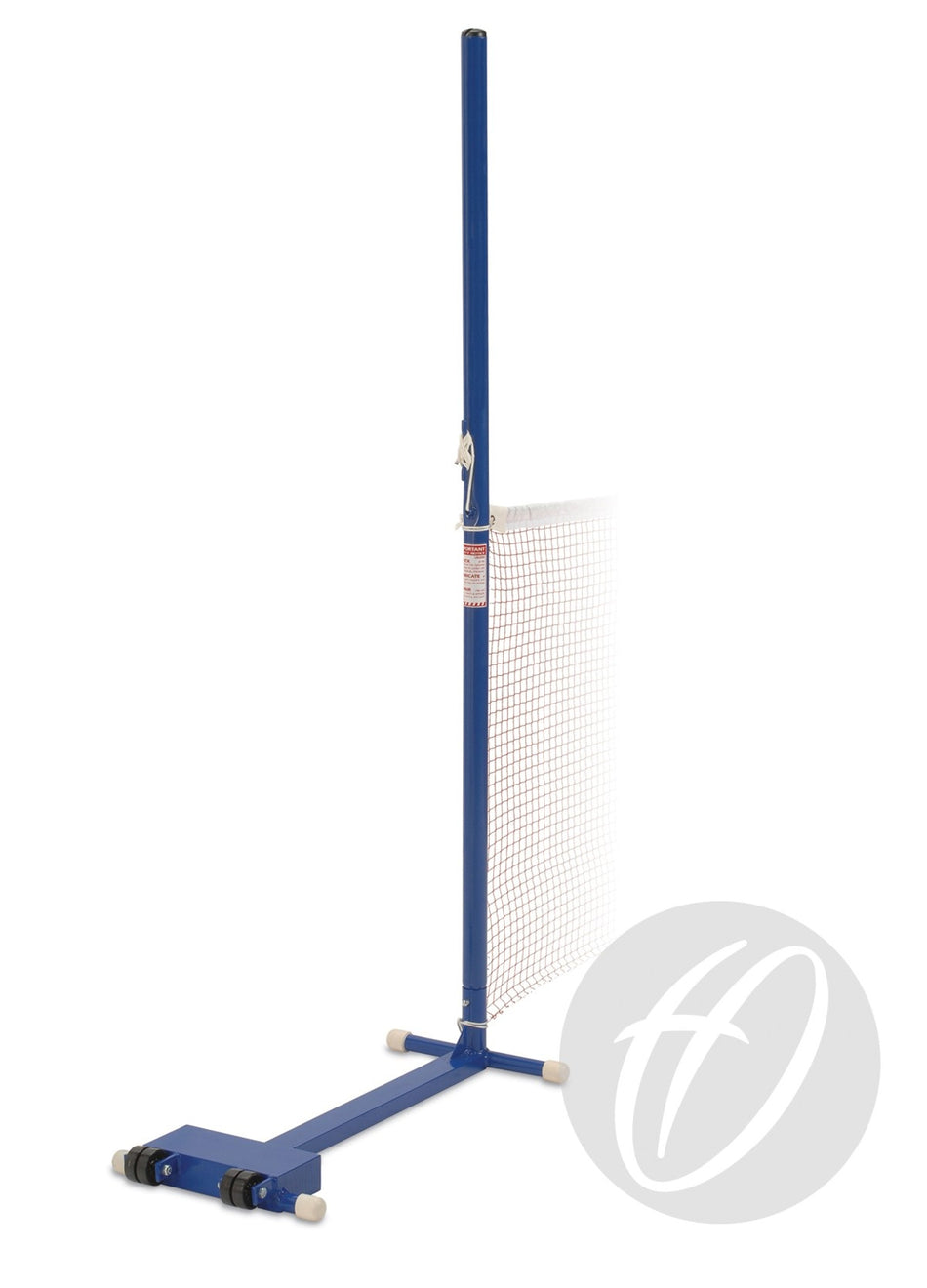 The Harrod Sport Combination School Training Posts are blue wheeled badminton posts with a white net, sturdy base, and tension adjuster, standing upright on a white background—ideal for school training.