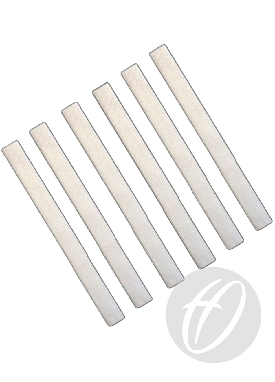Six rectangular, white felt strips are arranged diagonally on a plain white background, resembling Harrod Sport Badminton Net Ties with hook-and-loop fasteners. A faint circular logo is visible in the bottom right corner.