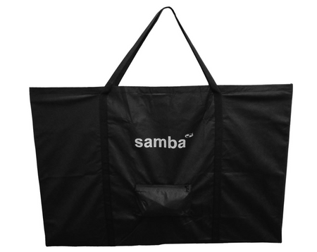 The Samba Sports 90cm x 60cm coaching board bag is a large black bag with two handles and “samba” in white on the front, made from lightweight heavy-duty fabric, plus a small zippered pouch below the logo.