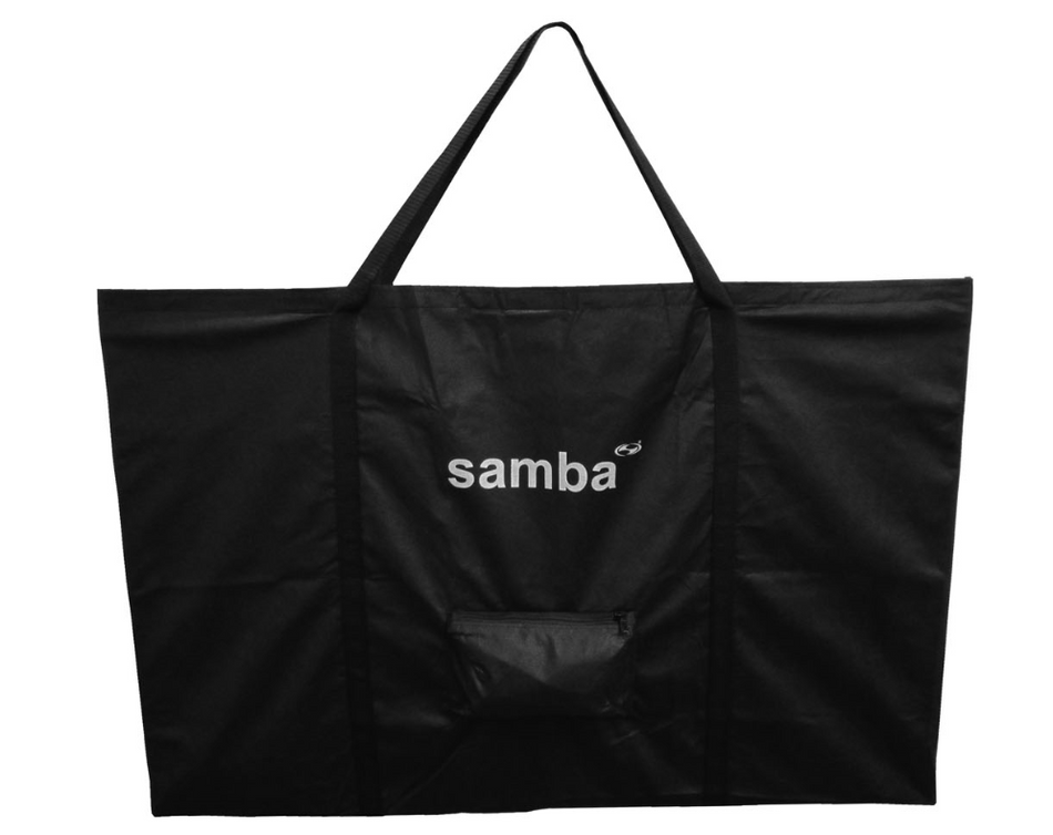 The Samba Sports 90cm x 60cm coaching board bag is a large black bag with two handles and “samba” in white on the front, made from lightweight heavy-duty fabric, plus a small zippered pouch below the logo.